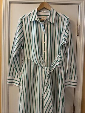 Universal Thread 100% Cotton White Shirt Dress with Green and Navy Stripe Size M